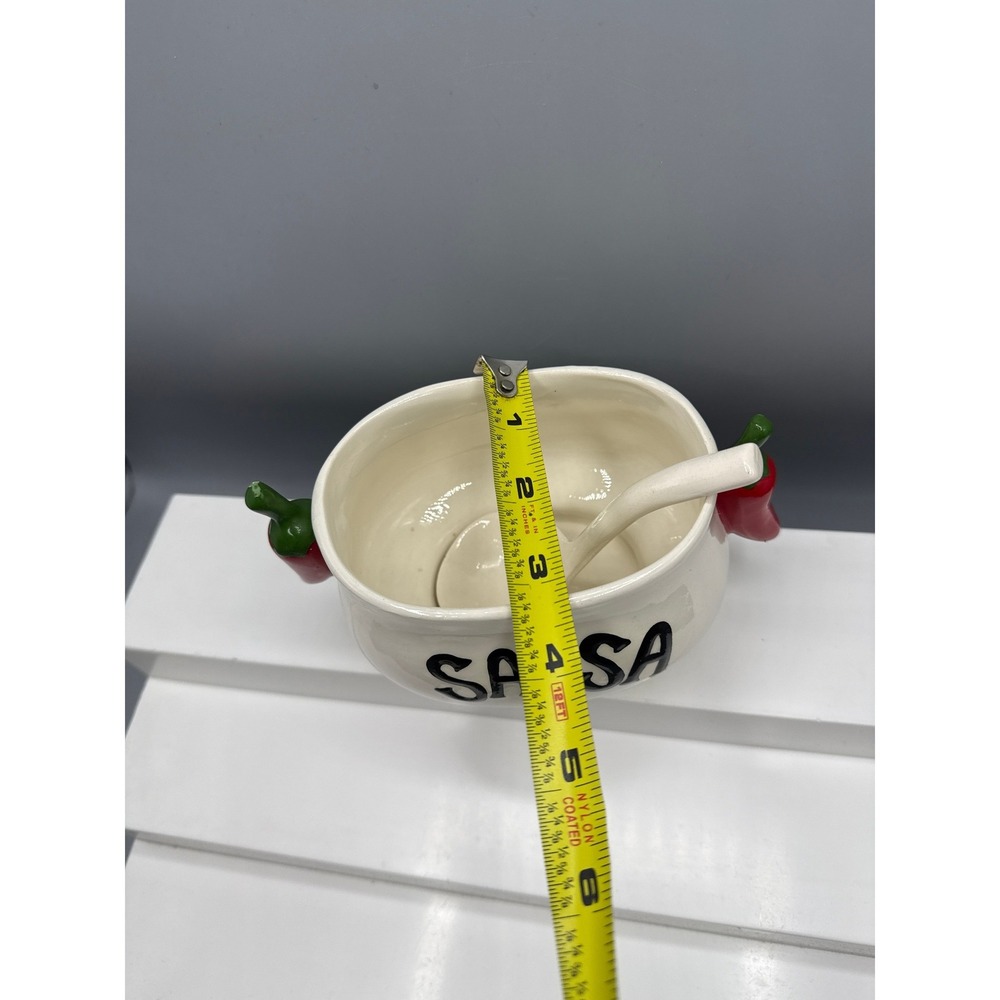 Ceramic Salsa Bowl with Lid and Spoon Red Chili Pepper Handles White Glossy - Picture 13 of 16